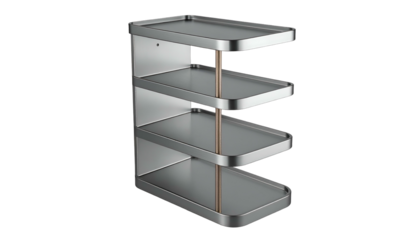 Metallic shelving unit with four rectangular shelves and a central copper pole