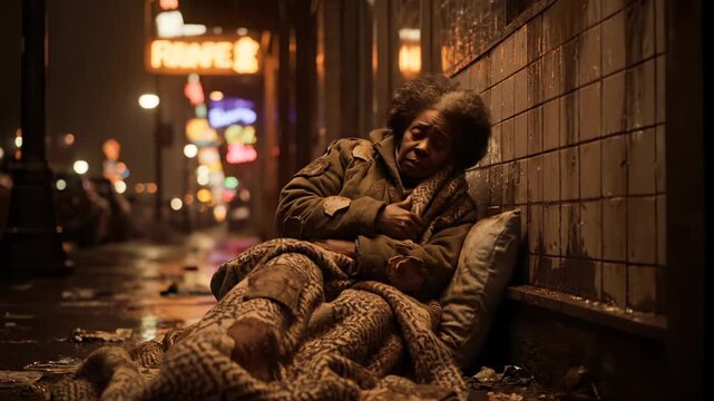Homeless woman sits on street sidewalk at night with blanket covering. Senior person rests against wall in city. Homeless woman on sidewalk at night. Person sits on street with blanket and pillow.