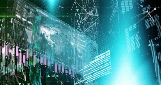 Animation of globe, graphs, loading bars and database with connected dots, numbers and lens flare