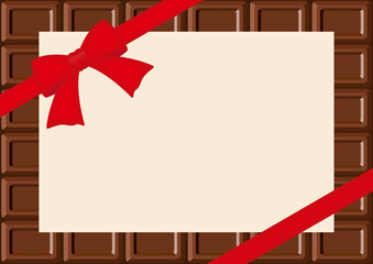 バレンタインの背景、赤いリボンと板チョコの背景とベージュのコピースペース