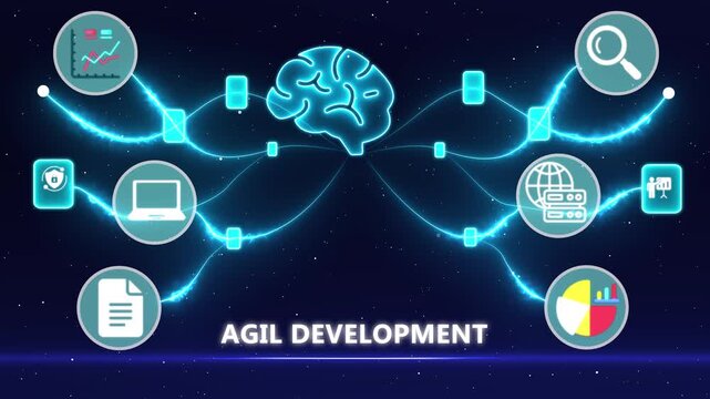 Agile development methodology and software lifecycle concept with futuristic glowing blue icons.