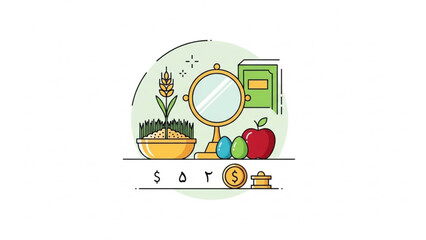 Healthy eating concept illustration with fruits grains and wellness symbols on a clean background