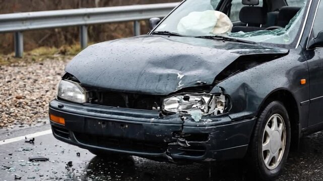 Close up of a wrecked sedan with crushed hood and deployed white airbag