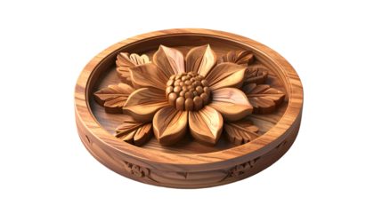 Close-up of a carved wooden relief. Detailed floral design set in a round frame