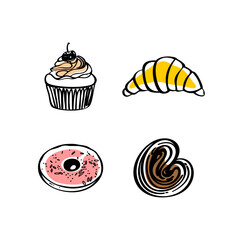 Bakery hand drawn illustrations. Sweets vector doodle set