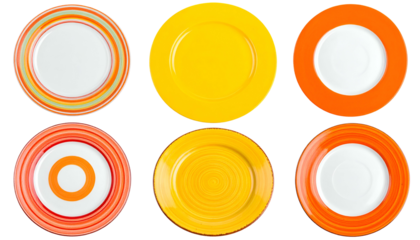Six colorful ceramic plates, in various designs and hues, arranged in two rows