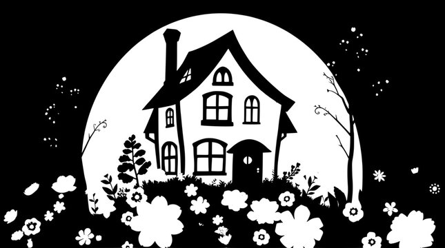 Black vector silhouette of a whimsical storybook house with a steeply pitched roof and chimney, set against a clean flat background, with a vibrant floral foreground featuring intricate blooms and lus