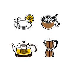 Coffee and tea hand drawn illustrations. Coffee and tea vector icons set