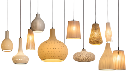 Group of various modern pendant lights, glowing, hanging from the ceiling, isolated on black
