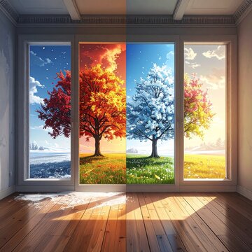 Single room showing four seasons at once, spring, summer, autumn, winter blended seamlessly, poetic and surreal composition, ultra detailed digital illustration