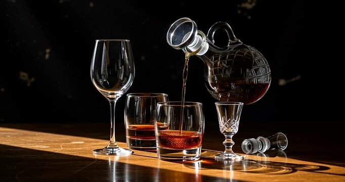 Whiskey Pouring into Glass on Wooden Bar.