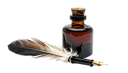 Antique writing set a quill pen rests near an ink bottle with a cork stopper