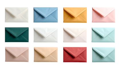 Twelve colorful paper envelopes arranged in three rows on a black background