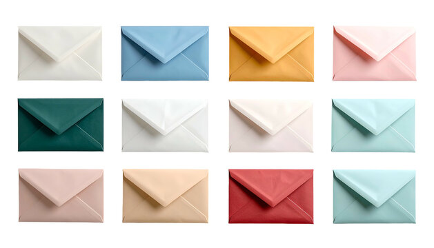 Twelve colorful paper envelopes arranged in three rows on a black background