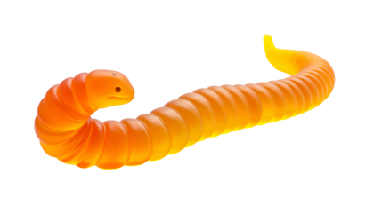 A bright orange, segmented worm-like toy with a smiling face on a black background
