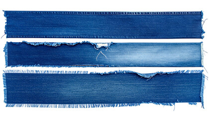 Three rectangular pieces of denim fabric with frayed edges. Varying washes of blue