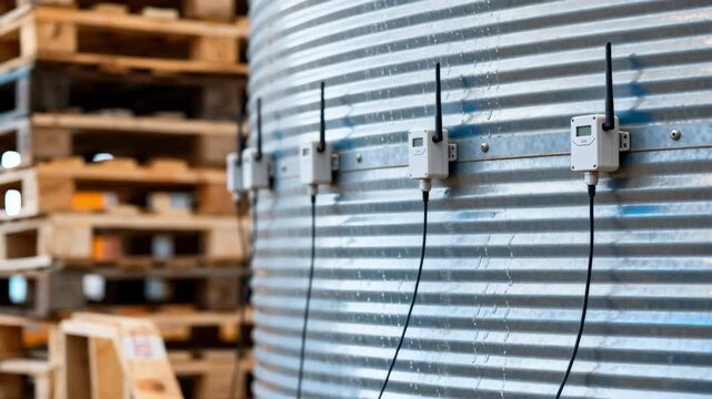 Medium shot of wireless IoT sensor nodes attached to a large silo monitoring temperature and humidity to prevent seed spoilage in agricultural storage facilities.