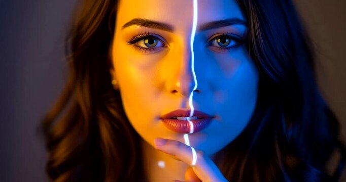 Woman with Split Lighting and Thoughtful Expression.