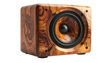 Boxy wooden speaker, detailed grain, prominent woofer, screws on face, dark background