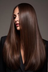 Naklejka premium A luxurious, straight, long hairstyle emphasizing smooth, shiny, and healthy hair is ideal for advertising hair care products and salons.