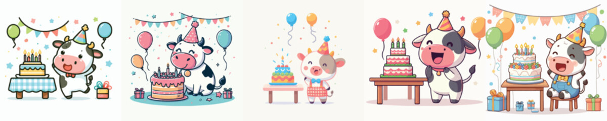 Naklejka premium cute cow vector having a birthday