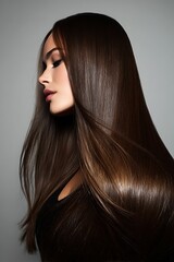 Fototapeta premium A luxurious, straight, long hairstyle emphasizing smooth, shiny, and healthy hair is ideal for advertising hair care products and salons.
