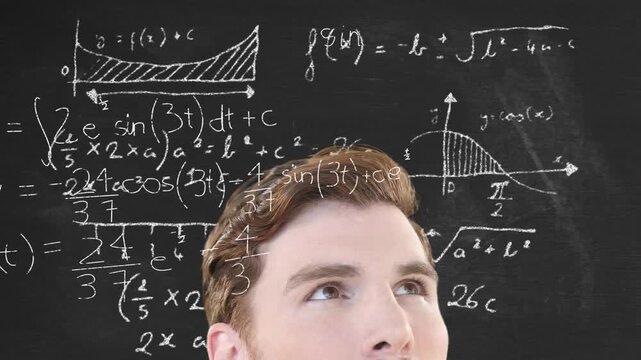 Animation of mathematical formulae and data processing over businessman