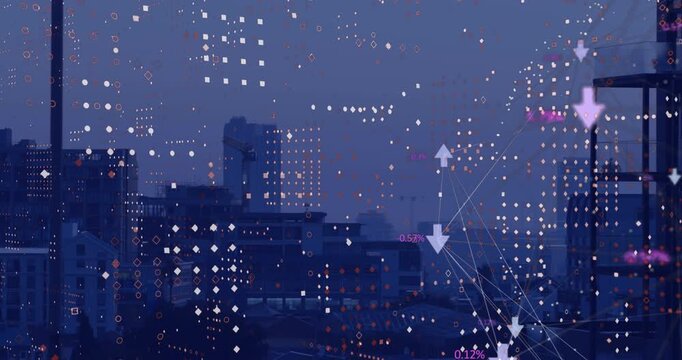 Animation of globe of digital icons and dots pattern against aerial view of cityscape