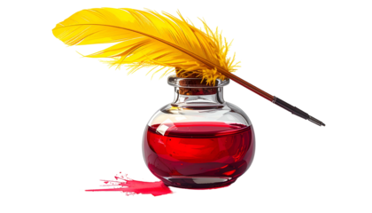 A golden quill pen rests atop a clear inkwell filled with vibrant red ink and small spill
