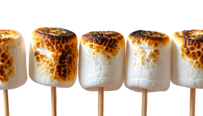 Five toasted marshmallows on wooden skewers, set against a stark black background