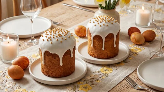 Cozy easter table setting with traditional cakes, painted eggs and candles on wooden table