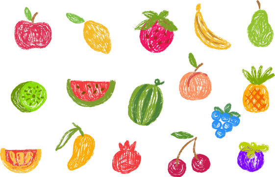 Apple, lemon, strawberry, banana, pear, kiwi, watermelon, peach, pineapple, mango, cherry, berry, grape, pomegranate. Fruit food in hand drawn cartoon doodle style.