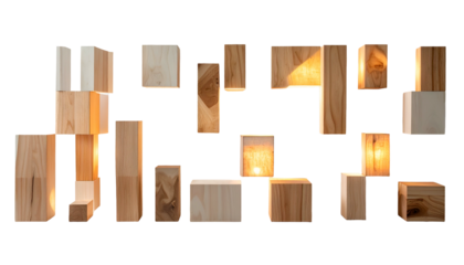 Wooden blocks of various sizes and shapes with interior lighting against a black background