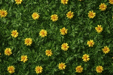 Fototapeta premium Sunny Yellow Blooms Dotting a Lush Green Carpet of Foliage, Vibrant Nature Pattern.