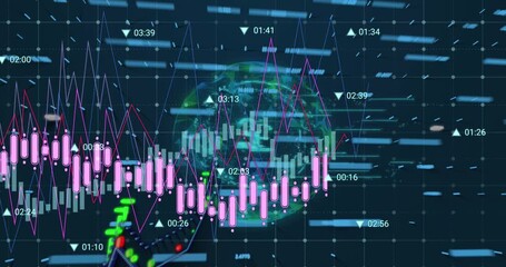 Animation of financial data processing over globe and padlock - Powered by Adobe