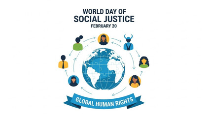 World day of social justice illustration with globe and diverse people icons february 20 global human rights concept