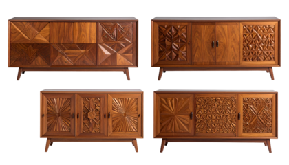 Four wooden credenzas with varied carved door designs and angled legs