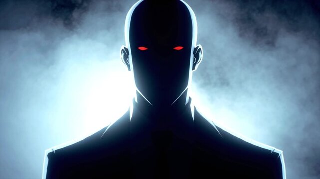Dark anime cinematic video, mysterious male character wearing sharp black business suit, face deep shadows glowing red eyes visible, cold confident expression, standing still head minimal futuristic