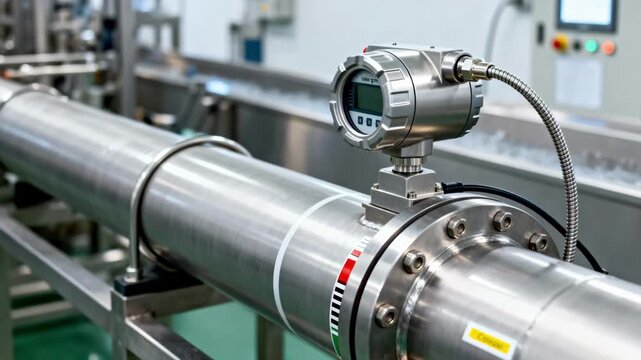 Medium shot of an inline spectrometer mounted on a pipeline spool continuously analyzing color and free fatty acids during production for realtime quality assurance.