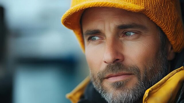 Contemplative gaze: A man with a serene expression, donned in a warm yellow cap and jacket, gazes thoughtfully into the distance, his focus revealing a contemplative state of mind.