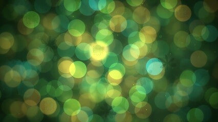Green and yellow bokeh lights background with subtle shamrock patterns. Abstract festive texture for Saint Patrick Day greeting card.