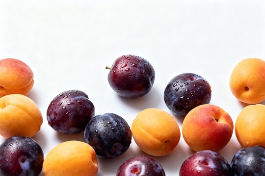 Fresh apricots and plums on white