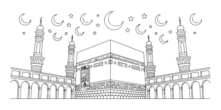 Kaaba in mecca outline drawing with moon and stars vector hajj and umrah holy pilgrimage