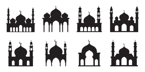 Obraz premium Collection of eight mosque silhouette icons representing Islamic architecture and religious buildings