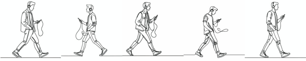 Fototapeta premium line art of a man walking listening to music with headphones
