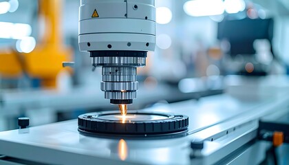 Automated Precision: An industrial robotic arm meticulously performs a task on a metal component within a cutting-edge manufacturing setting, emphasizing automation and technology.