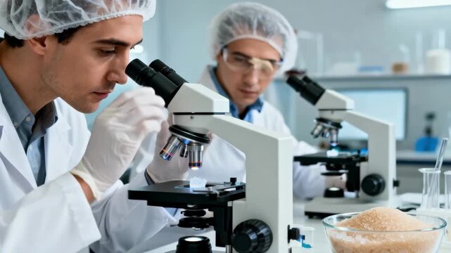 Technicians in a refined sugar quality lab examining sugar samples under microscopes to assess color uniformity and detect impurities in a clean controlled environment.