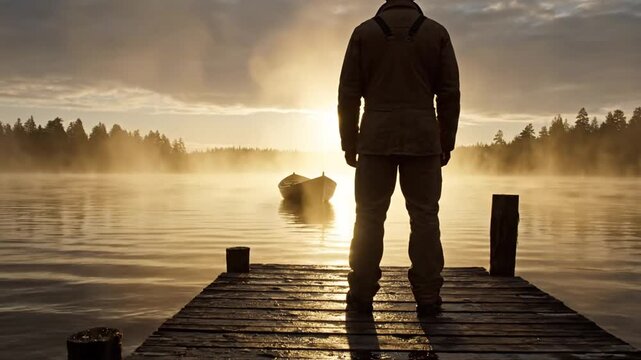 Figure on weathered dock over a misty lake at sunrise with boat in distance