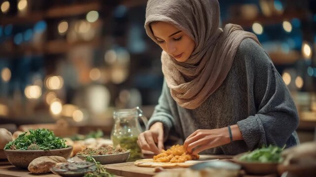 During the evening of Eid Mubarak, a Middle Eastern Muslim woman wearing a headscarf prepares food and sets the dinner table for a family feast.
