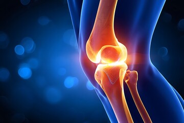 Futuristic illustration of a human knee joint with glowing bones, cartilage, and digital network overlay, representing biomechanics, joint health, medical technology, diagnostics, and orthopedic.